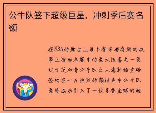 公牛队签下超级巨星，冲刺季后赛名额