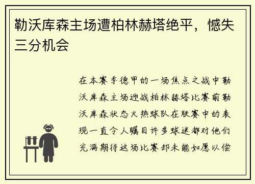勒沃库森主场遭柏林赫塔绝平，憾失三分机会