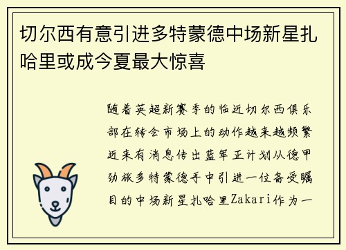 切尔西有意引进多特蒙德中场新星扎哈里或成今夏最大惊喜