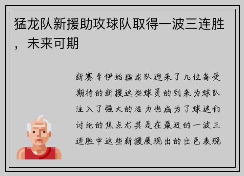 猛龙队新援助攻球队取得一波三连胜，未来可期